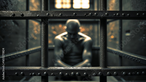 A man sits alone in a jail cell, behind bars, in a moment of quiet reflection.