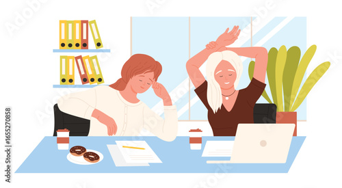 Coffee break of girls at work vector illustration. Cartoon happy female employees talking and sitting at table with laptop and documents, plate with donuts, two colleagues relaxing at workplace