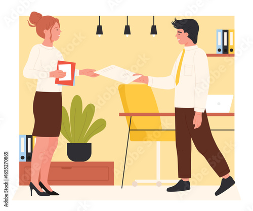 Boss giving paper document to secretary vector illustration. Cartoon businessman and businesswoman holding data file together and standing in office interior, young employees at work on meeting