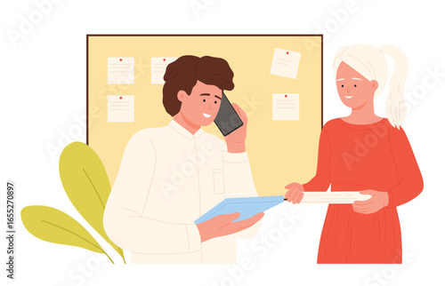 Business communication and teamwork in office vector illustration. Cartoon busy boss talking on phone, secretary holding paper documents, office workers characters standing near to do planner board