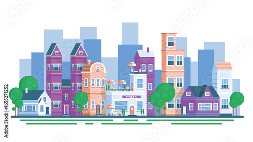 City landscape vector illustration. Cartoon cityscape with many buildings on street of town and trees on sidewalk, storefront of cafe, condominium with home apartment, skyline with office skyscrapers