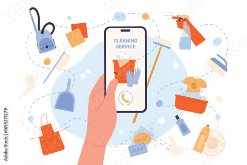 Cleaning service vector illustration. Cartoon hand holding phone to call to cleaning company and order housekeeping work of professional janitors, disinfect with chemical detergent and laundry