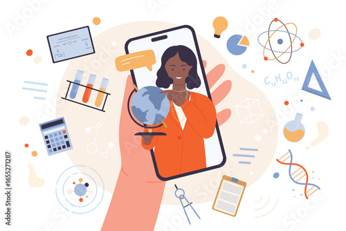 Online video lesson, distance education vector illustration. Cartoon hand holding mobile phone with female teacher and globe on screen, professor teaching science to student in virtual lecture