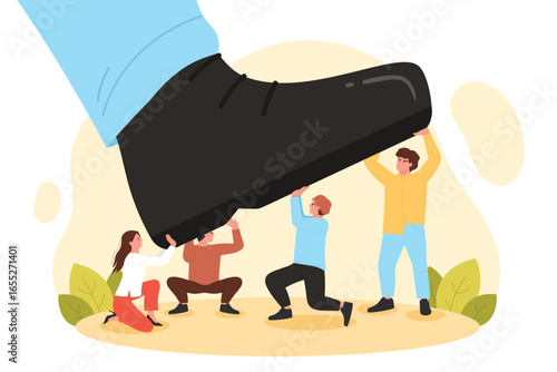 Giant foot step to crush team of business people vector illustration. Cartoon big shoe crushing tiny corporate employees, work of managers to resist pressure and conflict abuse of leaders stomp
