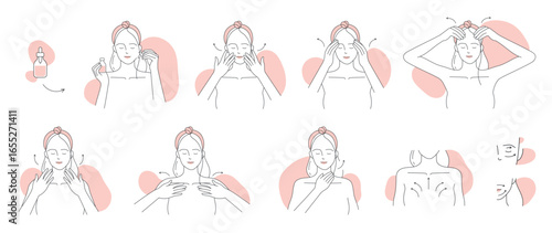 Skin care of face steps line icons set vector illustration. Hand drawn outline girls in towels massage facial skin with serum, female characters using cosmetic beauty product in bottle with pipette