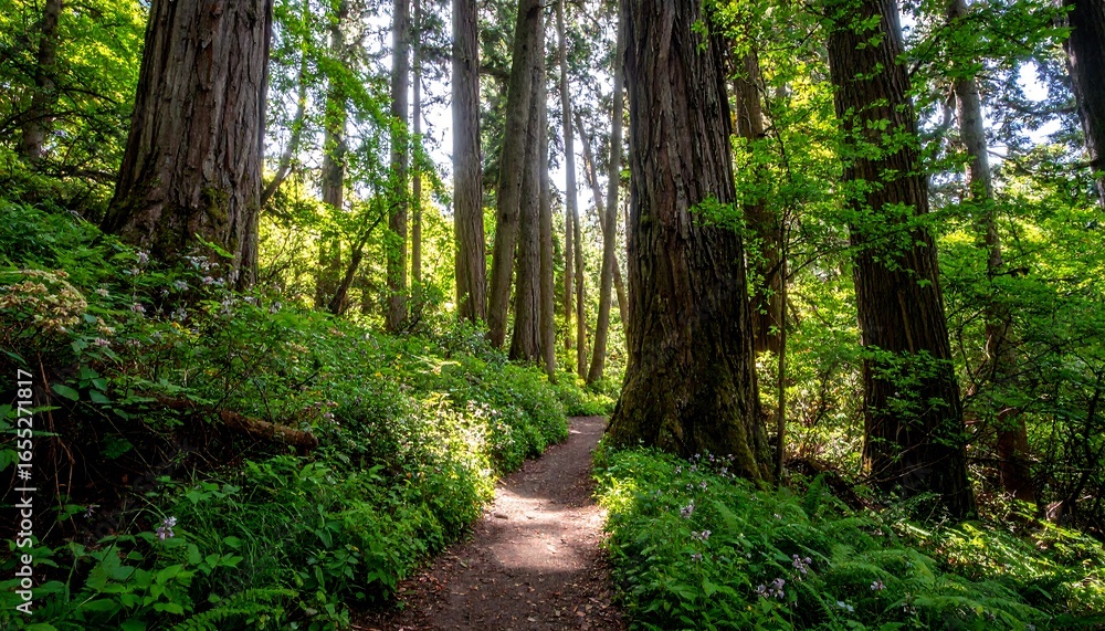 Fototapeta premium Sunlit forest path winds through a lush, vibrant green woodland, highlighting towering trees and the vibrant undergrowth.