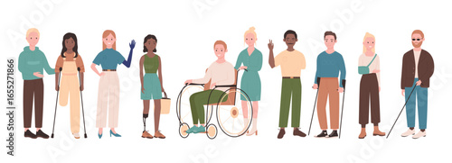 Diverse people with disability set vector illustration. Cartoon boy sitting in wheelchair, girls with prosthesis and blind man with stick, person with crutches, group of characters standing together