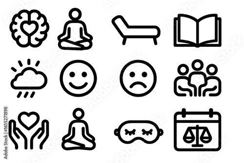 Collection of 12 mental health icons. Therapy, meditation, yoga, self care, stress relief and wellness. Flat black vector set for apps and websites.