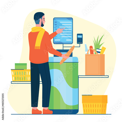 Self service in grocery store, supermarket vector illustration. Cartoon consumer using cashier electronic kiosk with display and automated contactless payment for products and purchases in retail shop