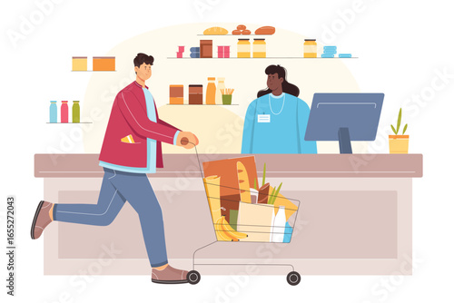 Checkout at cashier counter of grocery store, supermarket vector illustration. Cartoon man pushing cart full of food to pay and buy products at cashier desk with computer, customer in hypermarket