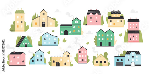 Cute houses set vector illustration. Cartoon small residential buildings of town or village with door and windows, smoke from chimney and roof, front view of various brick cottages and home apartment