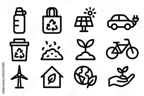 Set of 12 bold outline icons about sustainable lifestyle and eco habits, flat vector style, transparent background, perfect for apps and infographics.