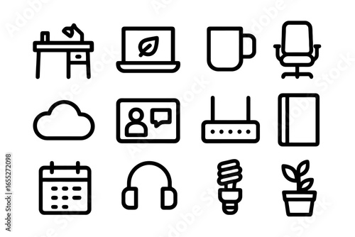 Set of 12 outline icons about sustainable remote work, flat vector design, transparent background, ideal for UI, mobile apps and infographics.
