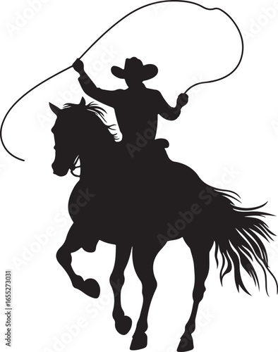 Cowboy on Horse with Lasso Silhouette Rodeo Cowboy Vector on Transparent Background