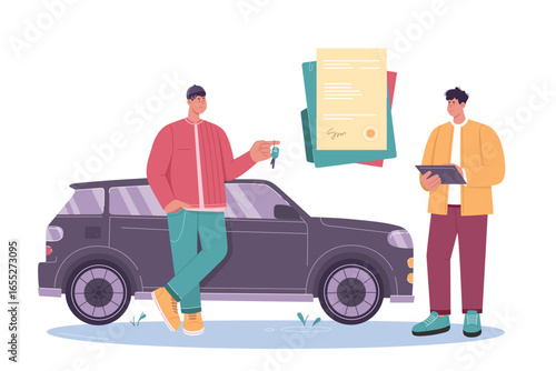 Contract for purchase or rental of car between buyer, seller or dealer vector illustration. Cartoon man holding key of new vehicle, deal signing agreement and trade over customer and salesman