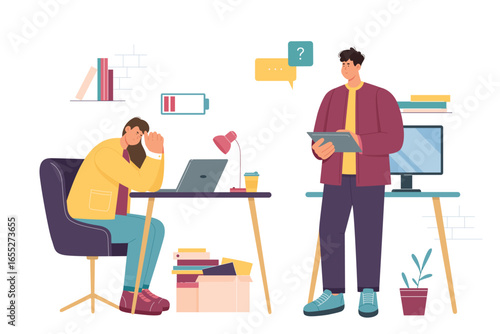 Burnout and stress of sad employee vector illustration. Cartoon tired worried female office worker with low battery sitting at desk with laptop, male busy workaholic colleague standing with tablet