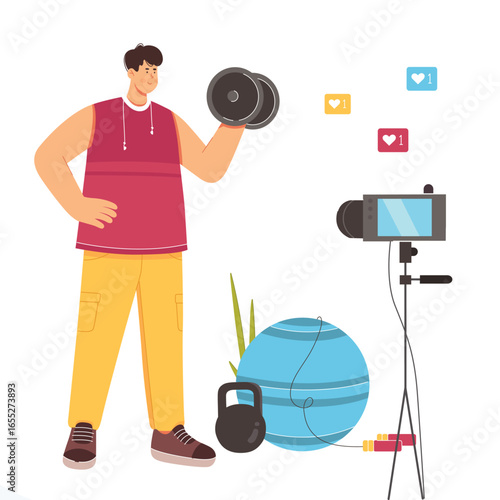 Fitness blogger recording online video classes at home or gym vector illustration. Cartoon sporty man holding dumbbell for training in front of camera on tripod to record daily sports exercises