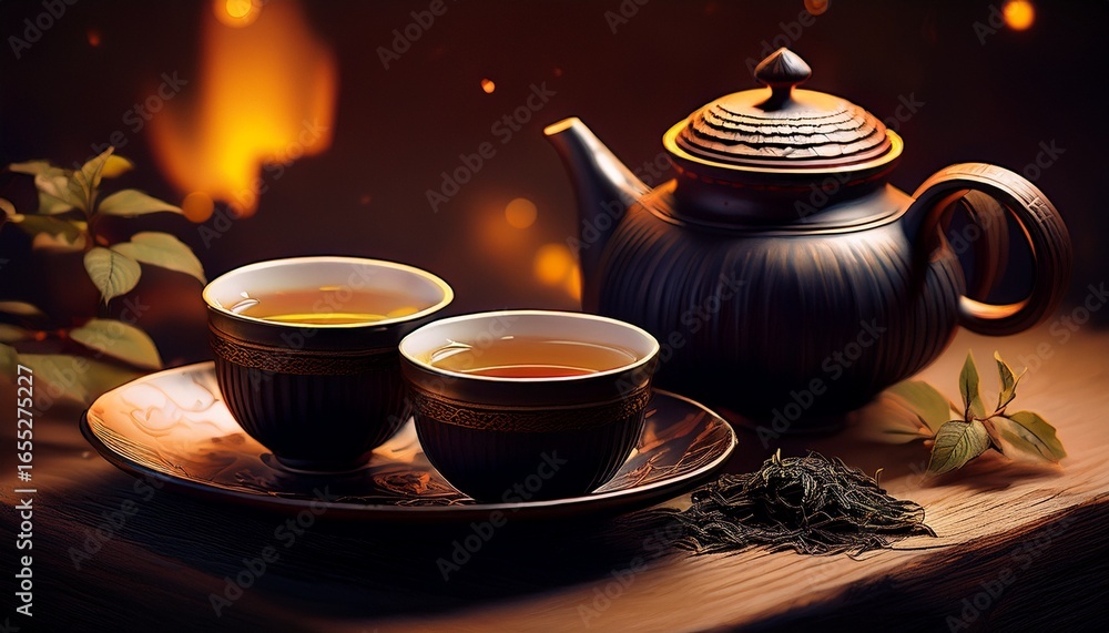 Fototapeta premium two black cups of tea and a small teapot on the background generative ai