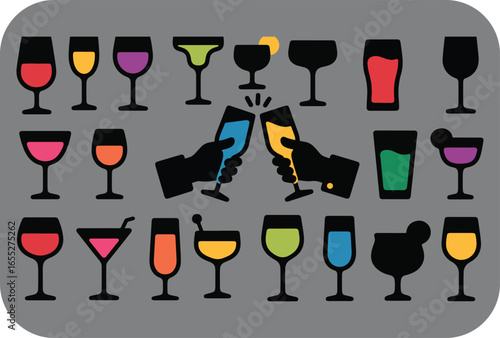 A vibrant collection of diverse cocktail glasses filled with colorful drinks representing celebration nightlife and social gatherings with a modern flat design aesthetic