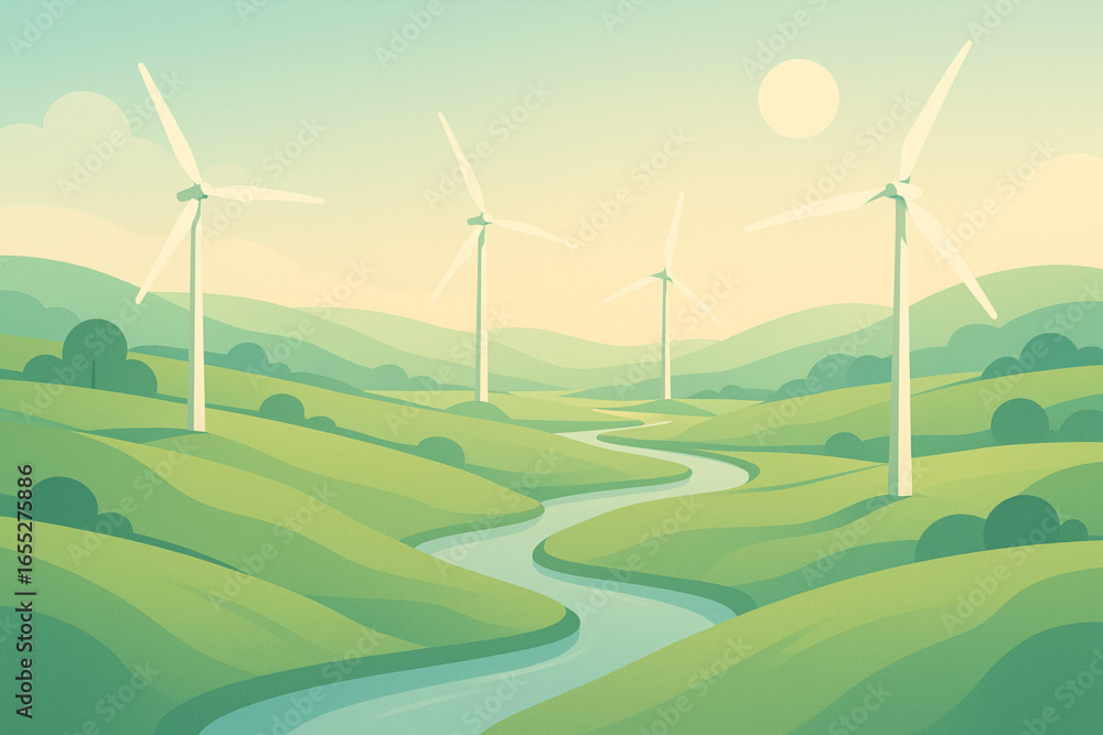 Fototapeta premium Stylized Flat Vector Illustration of a Scenic Countryside — Rolling Green Fields, Rivers, and Wind Turbines in a Peaceful Sustainable Setting