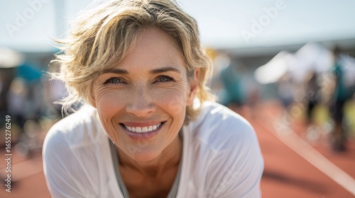 Happy Mature Woman Smiling Outdoors Athletic Fitness Portrait Healthy Lifestyle Active Senior Female Runner Energetic Smiling Face Closeup Summer Day Bright Sunlight calm