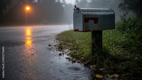 Rainy day scene featuring an old mailbox beside a road with a glowing streetlight. 