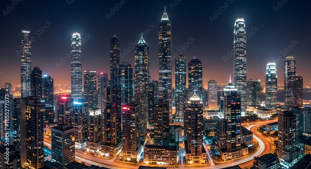 Fototapeta premium Night Skyline of Modern City A Panoramic View of Urban Architecture