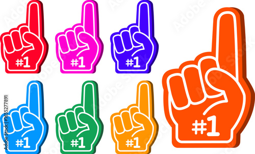 A collection of colorful foam fingers, each featuring the number one, a victory concept, team support, and success design in various colors for a variety of audiences