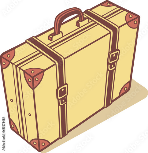 Vintage yellow suitcase with brown straps isolated on a white background