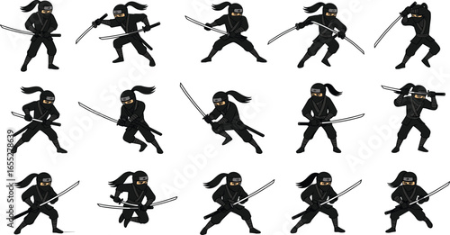 Cartoon ninja character set, sword poses, black outfit, martial arts stances, action movement, cad drawing, flat vector illustration, ponytail