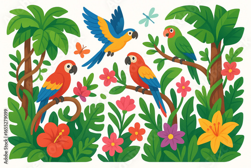 Wallpaper Mural Colorful Tropical Jungle Scene with Parrots, Vines, and Exotic Flowers in Minimal Flat Vector Illustration Torontodigital.ca