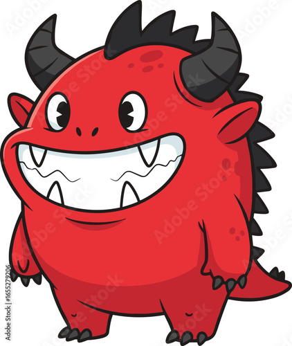 Cartoon red monster character, cute creature with horns, toothy grin, playful pose, vector mascot design, kids illustration, fun art