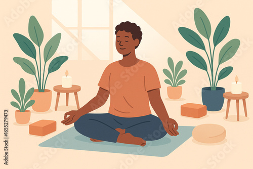 Wallpaper Mural Stylized Flat Vector Illustration of a Person Practicing Yoga in a Sunlit Room — Indoor Plants, Candles, and Calm, Peaceful Atmosphere Torontodigital.ca