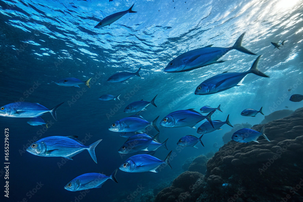 Fototapeta premium Many blue fish swim in the blue sea. EPA, DHA. High-quality oil. Health. Supplements.