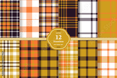 Yellow Ochre, Very Dark Brown and White seamless pattern set of 12