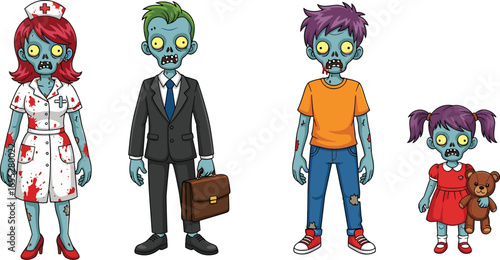 Cartoon zombie characters set, nurse, businessman, teenager, girl with teddy bear, vector illustration, horror theme, undead professions