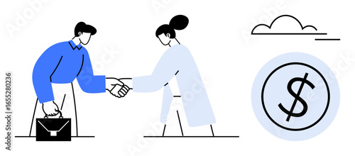 Man and woman shaking hands, symbolizing partnership, teamwork, and financial deal with a coin icon nearby. Ideal for business, collaboration, agreement, negotiation, finance success teamwork