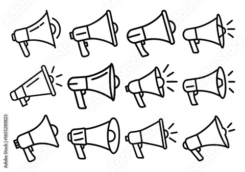 Vector art of collection of megaphone icons in doodle style
