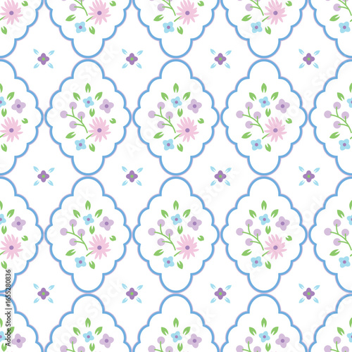 Rustic Romantic Meadow purple Flowers and scallop rhombuses Vector Seamless Pattern. Cottagecore Garden Flowers print