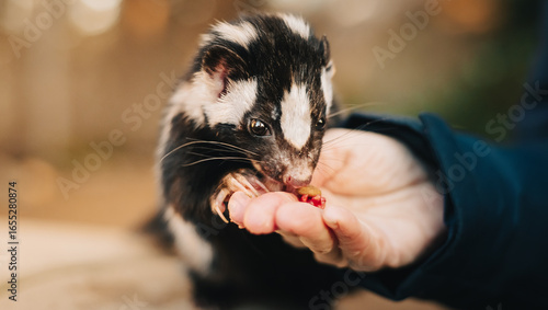 Wallpaper Mural Unreleasable Spotted skunk, Spilogale putorius, eating from a caretakers hand Torontodigital.ca
