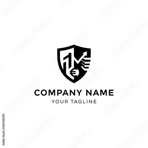 Free Download A modern financial logo concept with a shield, an upward-trending graph, a Euro symbol, and the initials FM. - GFXLoad