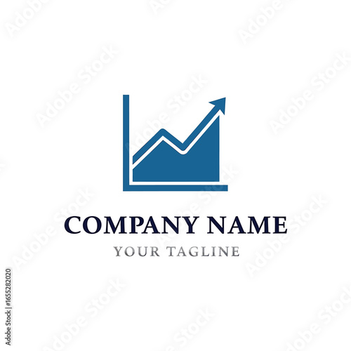 A blue graph icon with an upward trending arrow indicating growth, placed above company name and tagline text.