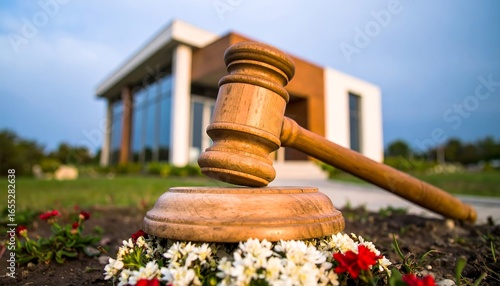 A wooden gavel rests on a base surrounded by flowers in front of a modern building, suggesting a legal or property event.