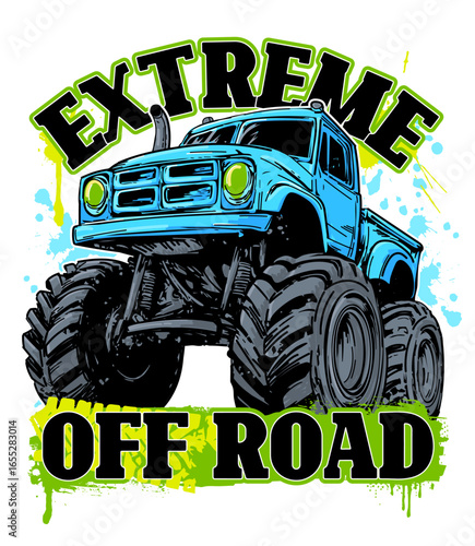 Design with Hand drawing  green Monster Truck. Vector t-shirt illustration for boy. Grunge cool style print on isolated white background
