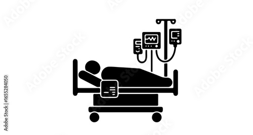 Object illustration of patient in hospital bed with medical equipment for intensive care and monitoring unit setup vector