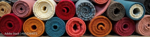 Colorful Rolled Carpets Ready for Installation  A Neat Stack of Premium Flooring Options for Home Improvement Projects and Interior Design