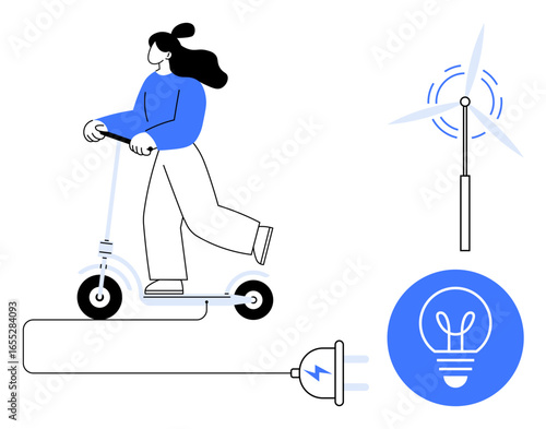 Woman riding electric scooter, wind turbine generating energy, electric plug and bulb symbol. Ideal for eco-friendly transport, renewable energy, sustainability, innovation, green technology, clean
