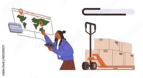 Person using digital tools to track global shipping routes on a map, alongside a pallet jack loaded with boxes. Ideal for freight, shipping, logistics, e-commerce, supply chain, delivery tracking. A