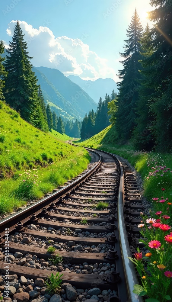 Fototapeta premium A scenic railway line winds through a vibrant green landscape, perfect for a peaceful hike alongside the tracks Sun shines on the rails and wildflowers bloom nearby , way, perspective, green