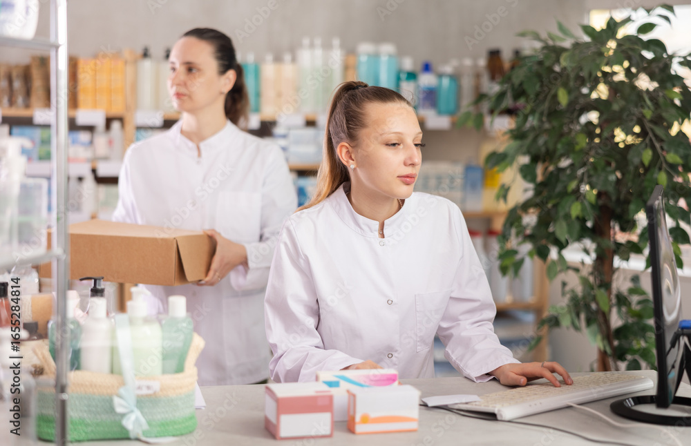 Fototapeta premium Young woman pharmacist working with computer in pharmacy